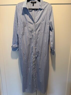 NEW Ellen Tracy XL Blue & White Pin Striped Midi Length Shirt Dress
